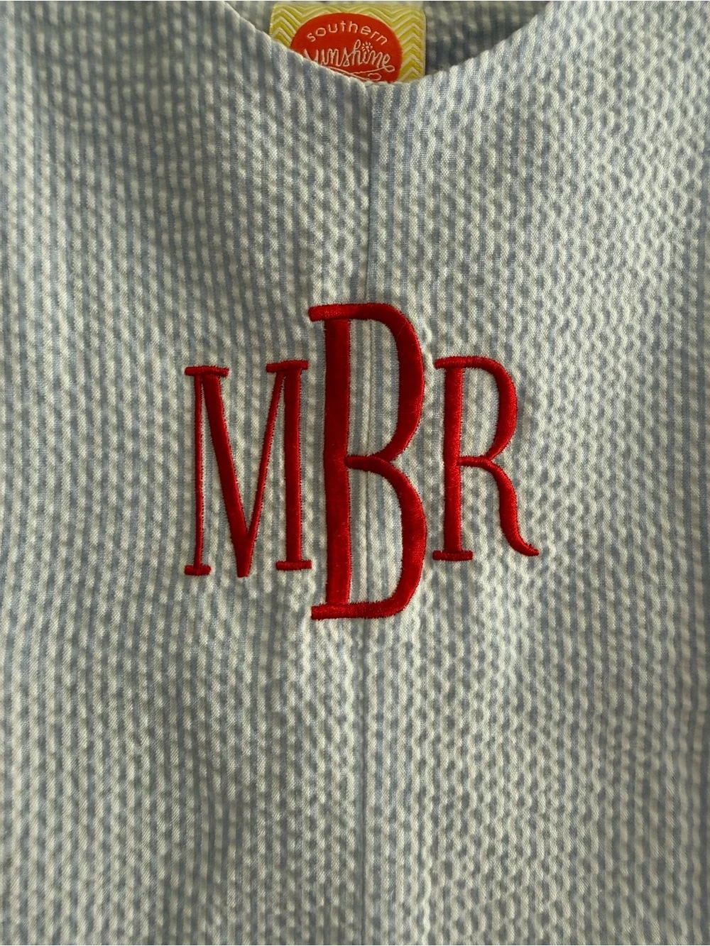 Southern Sunshine Kids Boys 2T Blue White Seersucker Monogram Romper mBr MRB